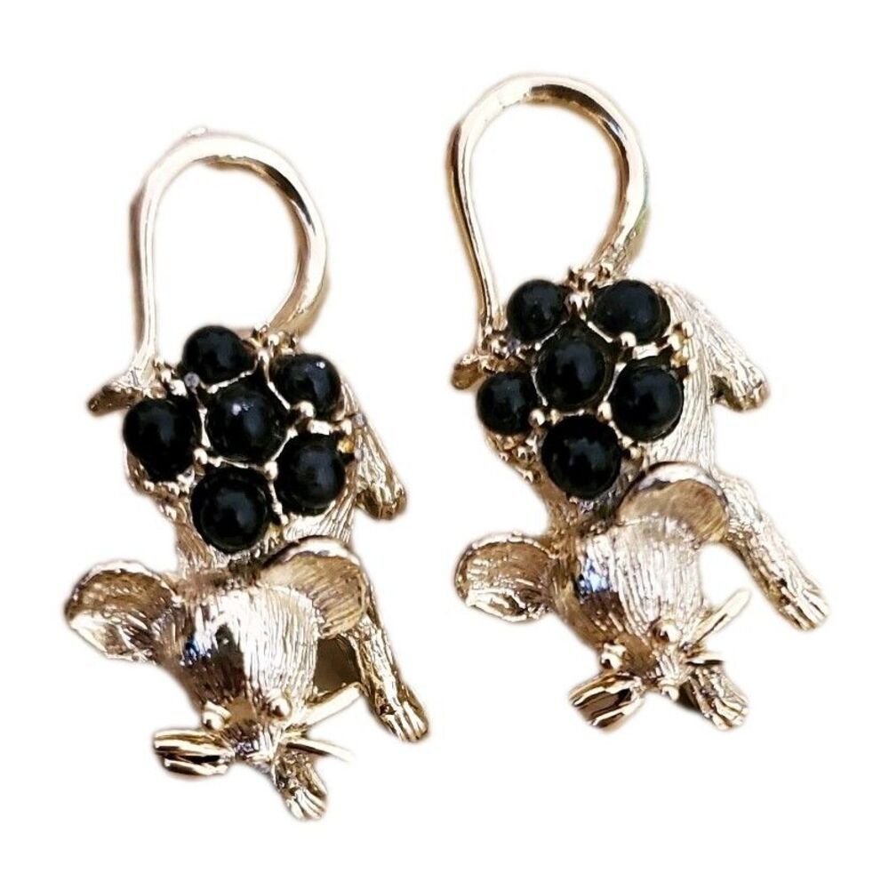 Pair of Gold Tone Mouse Brooch Pin Black Bead Cluster Cottagecore Mice
